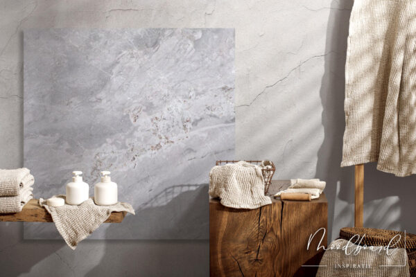 Organic waffle linen towels, bathroom zero waste accessories in modern bathroom interior. Daily body care, spa and wellness zero waste bathroom concept Sphinx Marbles Grijs Mat 60x60 cm
